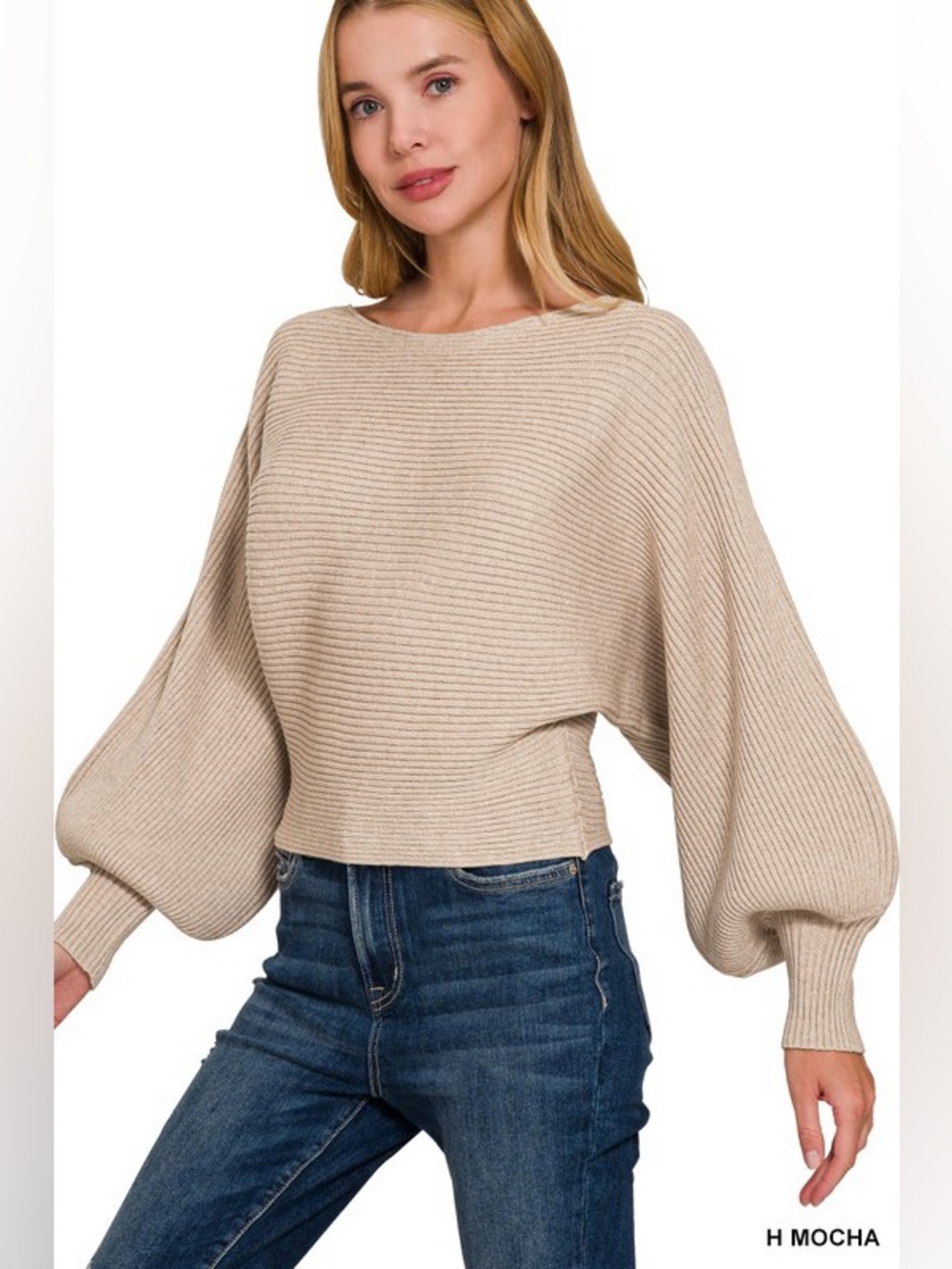 Heather Mocha Ribbed Boat Neck Balloon-Sleeve Sweater - Picture 5 of 5